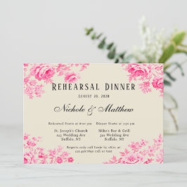 Romantisk Rosa Toile Flower Rehearsal Middag Inbjudningar