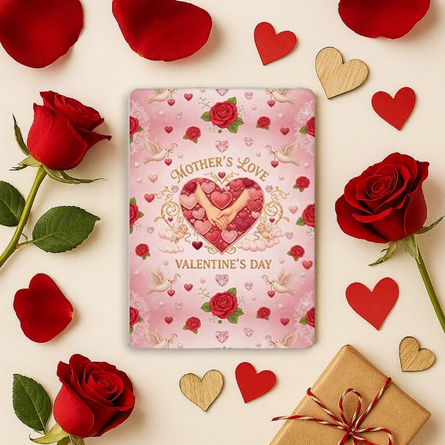 Romantisk Rosa Vintage Moders Kärlek Hjärtat Julkort (Skapare uppladdad)