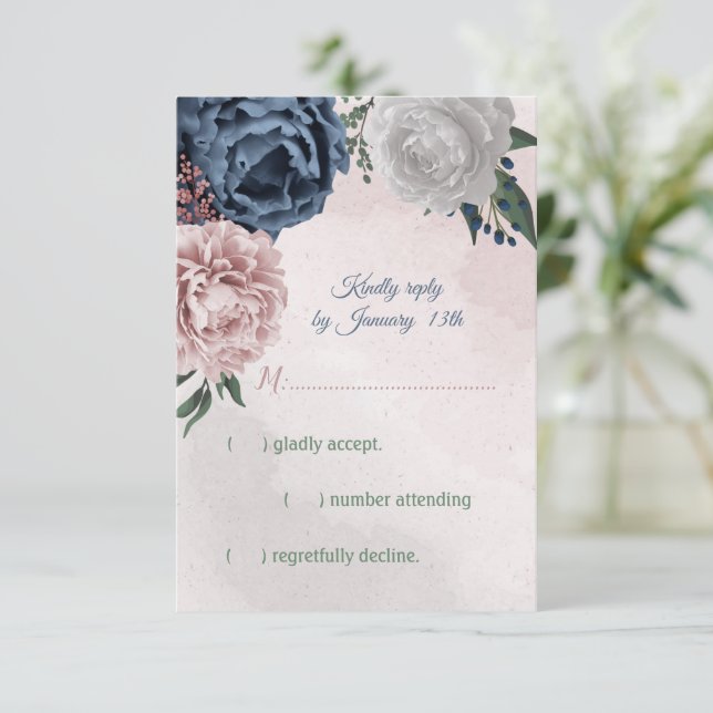romantisk rosa, vit och marin blåa blommor OSA kort (Stående Fram)