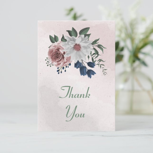 romantisk rosa, vit och marin blåa blommor tack kort (Stående Fram)