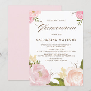 Romantisk Rosa Watercolor Flowers Quinceañera Inbjudningar