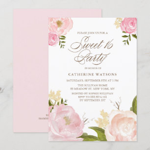 Romantisk Rosa Watercolor Flowers Sweet 16 Party Inbjudningar