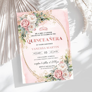 Romantisk rosablommig grönska Quinceañera Inbjudningar