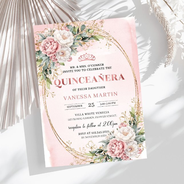 Romantisk rosablommig grönska Quinceañera Inbjudningar (Romantic Blush Pink Floral Greenery Quinceañera)