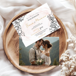 Romantisk rosafärgad med svarta blommor och foto p inbjudningar