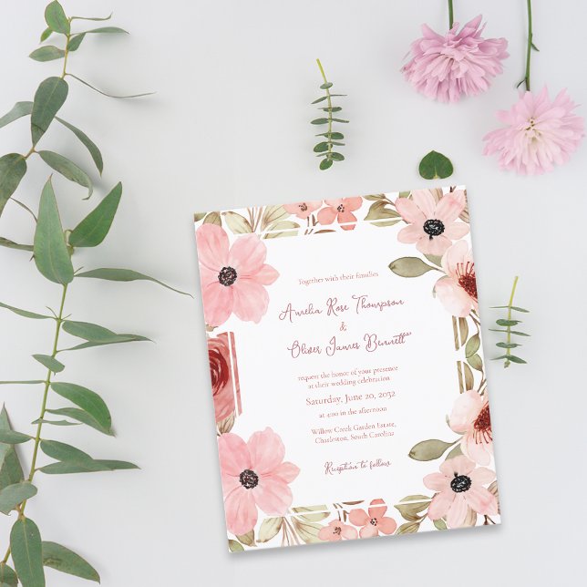 Romantisk rosafärgad mjuk rosa blommig bröllopsinb (Romantic Blush Soft Pink Floral Wedding Invitation)