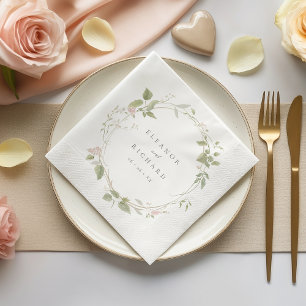 Romantisk rosafärgad och grön blomsterkrans bröllo pappersservett