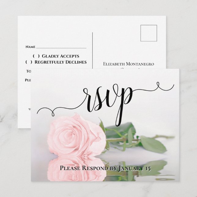 Romantisk rosafärgad reflektion på rosbröllop RSVP Vykort (Fram/baksida)