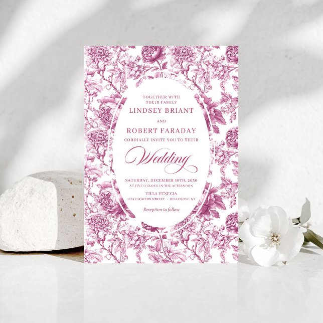 Romantisk rosafärgad Toile Rosor Bröllopsinbjudan Inbjudningar (Romantic Blush Pink Toile Roses Wedding Invitation)