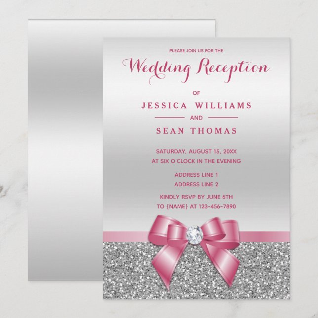 Romantisk rosapilbåge, silverglittermottagande inbjudningar (Fram/baksida)