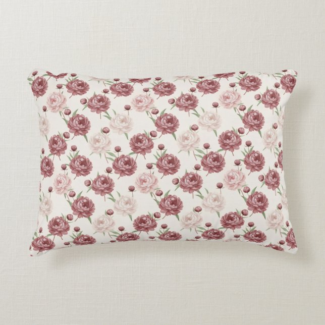 Romantisk rosé & burgunder peony blomster mönster prydnadskudde (Framsidan)