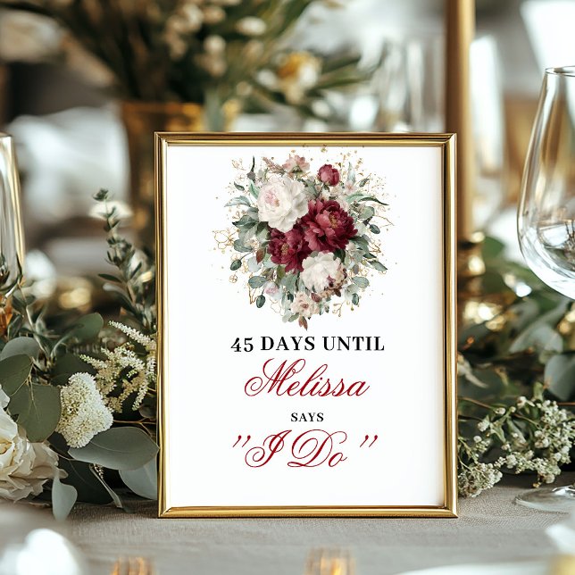 Romantisk Rosé Burgundy Nedräkningsskylt Bröllop Poster (Romantic Blush Burgundy Countdown Sign Bridal)