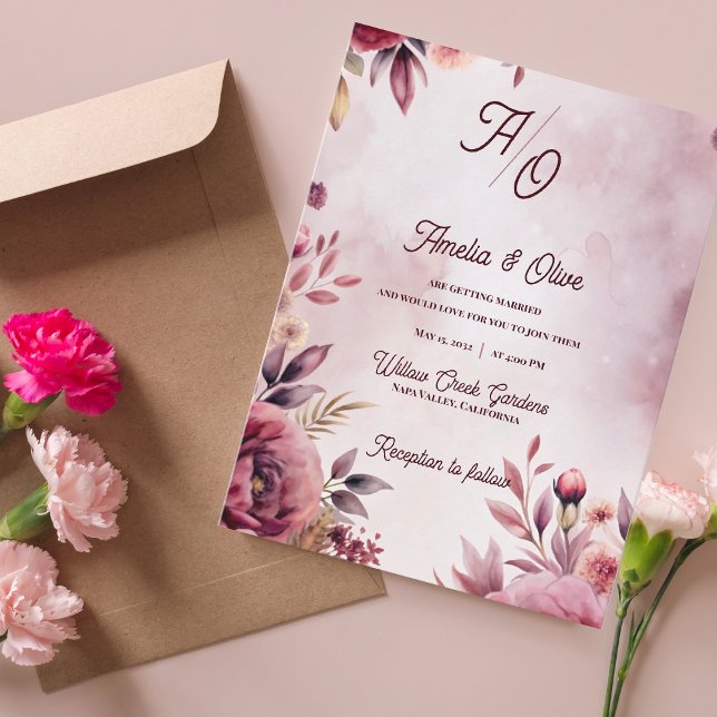 Romantisk Rosé Etterlik Lavendel Bröllopsinbjudan Inbjudan Vykort (Ethereal Mauve Fine Art Floral Wedding Invitation  | Romantic Blush Watercolor Wedding Invitation)