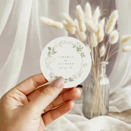 Romantisk rosé & grön blomsterkrans bröllop runt klistermärke