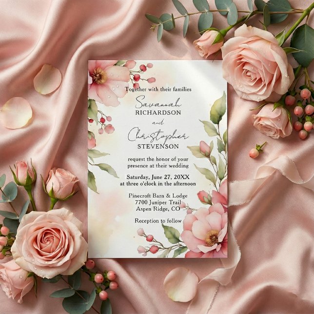 Romantisk Rosé Rosa Akvarell Blommig Bröllop Inbjudningar (Skapare uppladdad)