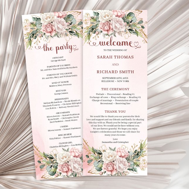 Romantisk Rosé Rosa Blommig Guld Grönska Bröllop Program (Romantic Blush Pink Floral Greenery Wedding Program)