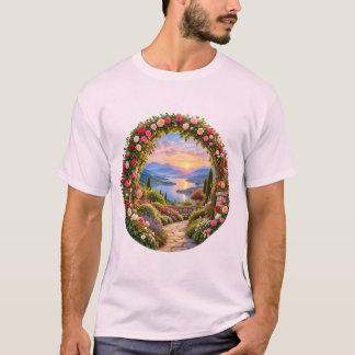 Romantisk rosen trädgård båge bergssjö soluppgång t shirt
