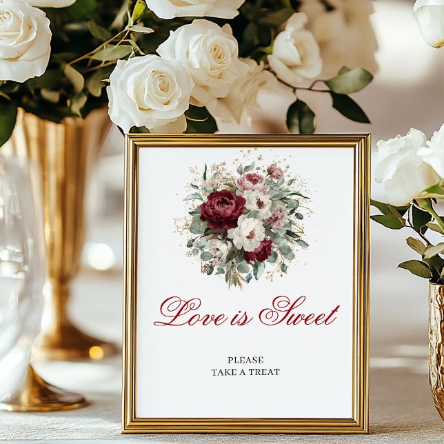Romantisk Rosenskär Burgunder Kärlek är Sött Bords Poster (Romantic Blush Burgundy Love is Sweet Table Sign)