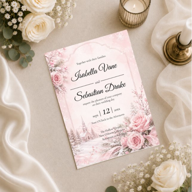 Romantisk Rosenskär Vinterbröllop Inbjudningar (Skapare uppladdad)