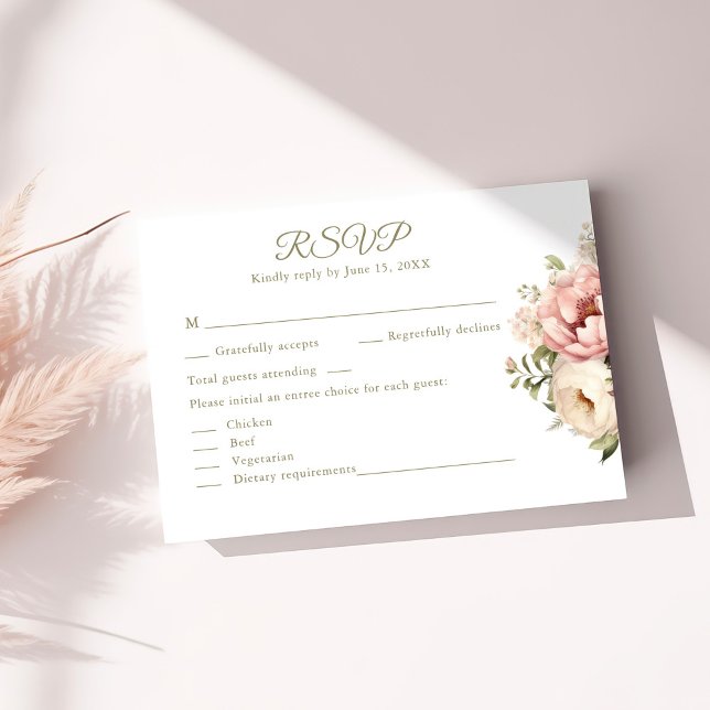 Romantisk rosenskiftande & persikans florala bröll OSA kort (Romantic Blush & Peach Floral Wedding RSVP Card on a sunny table with neutral dry botanicals)