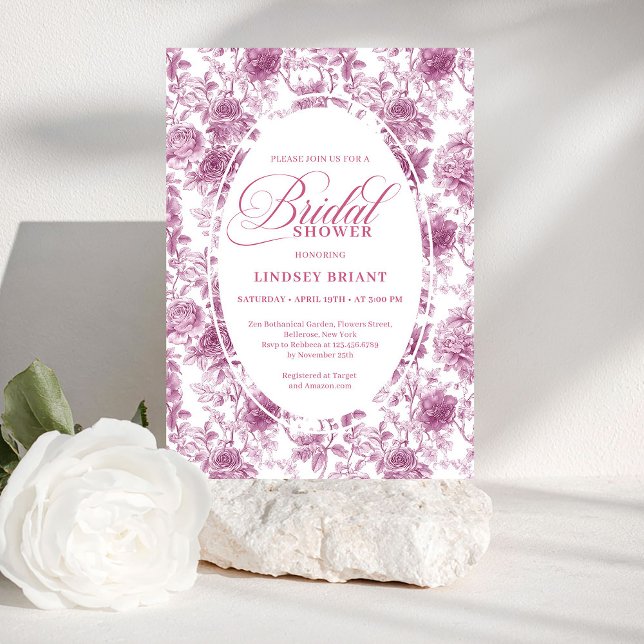 Romantisk Rosenskugga Mönster Fransk Toile Bröllop Inbjudningar (pink French toile de jouy,
Luxurious blush roses bridal shower,
dusty pink flowers botanical garden,)