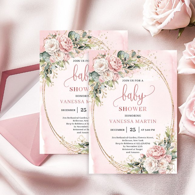 Romantisk Rosenskymning Blommig Grönska Flick Bebi Inbjudningar (Romantic Blush Floral Greenery Girl Baby Shower)