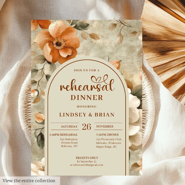 Romantisk Rostig Beige Oliv Blommig Övningsinbjuda Inbjudningar (Romantic Rusty Beige Olive Floral Rehearsal Invitation)