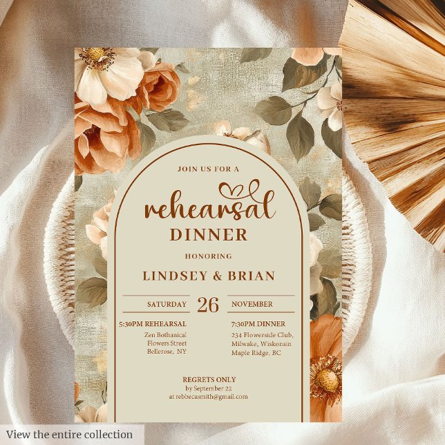 Romantisk Rostig Beige Salvia Blommig Bröllopsrepe Inbjudningar (Romantic Rusty Beige Olive Floral Wedding Rehearsal Invitation)
