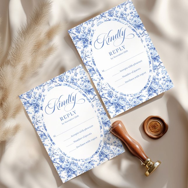 Romantisk Royalblå Toile Rosor Bröllop RSVP-set OSA Kort (Romantic Royal Blue Toile Roses Wedding RSVP Set

)