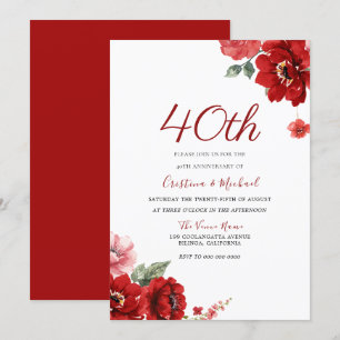 Romantisk Ruby Red Floral 40-årsjubileum Inbjudningar
