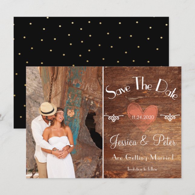 Romantisk Rustik Foto Hjärt & Trä Spara Datum Inbjudningar (Fram/baksida)