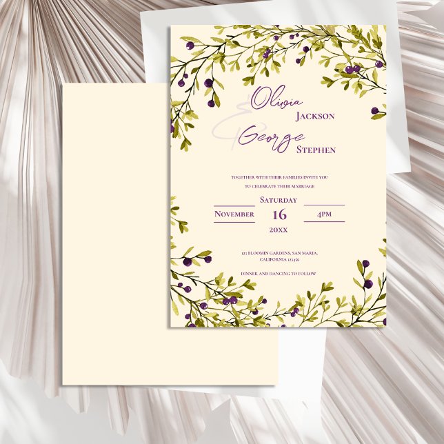 Romantisk Rustik Lila Bärblad Bröllop Inbjudningar (Romantic Rustic Purple Berry Leaves Wedding Invitation)