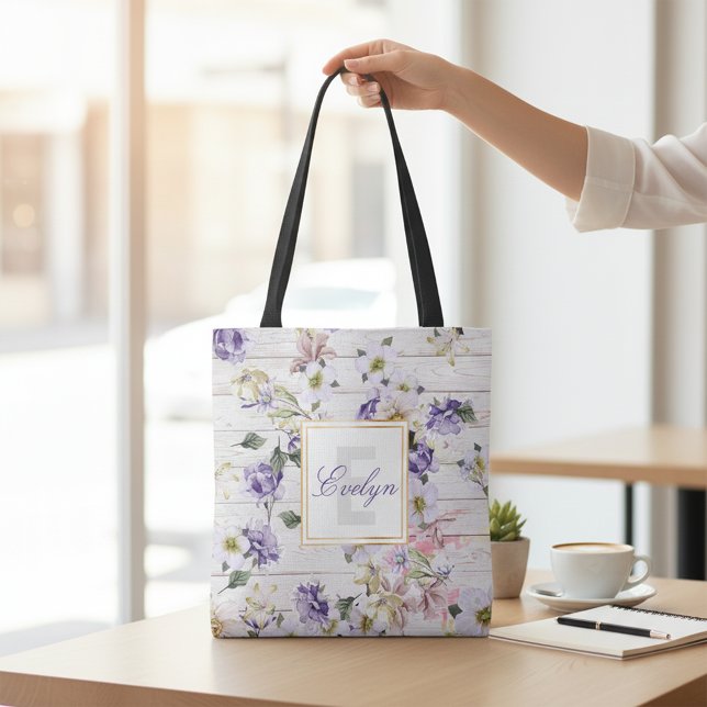 Romantisk Rustik Lila Blommig Ladugård Trä Monogra Tygkasse (Skapare uppladdad)