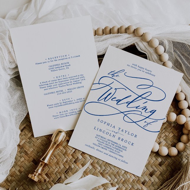 Romantisk safir Blue allt på en Bröllop Inbjudningar (Romantic Sapphire Blue All In One Wedding Invitation)
