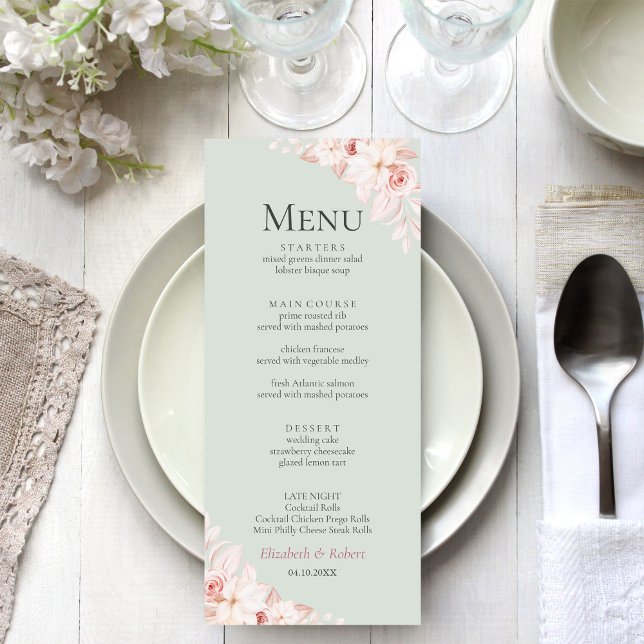 Romantisk Sagegrön och Rosa Rosor Bröllopsmeny Meny (Romantic Beige and Pink Roses Wedding Menu on an elegant wedding table with flowers)