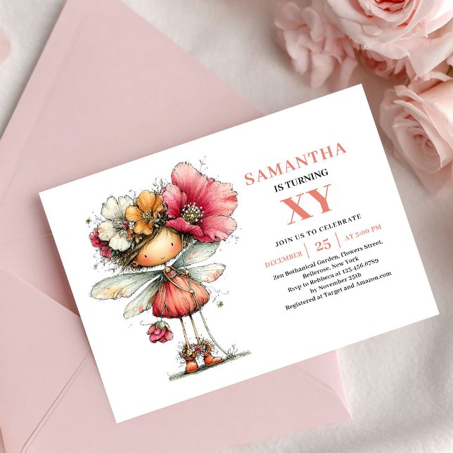 Romantisk Sagoflicka 3-års Födelsedags Rodnad Blom Inbjudningar (Romantic Fairy Girl 3rd Birthday Blush Floral invitation)