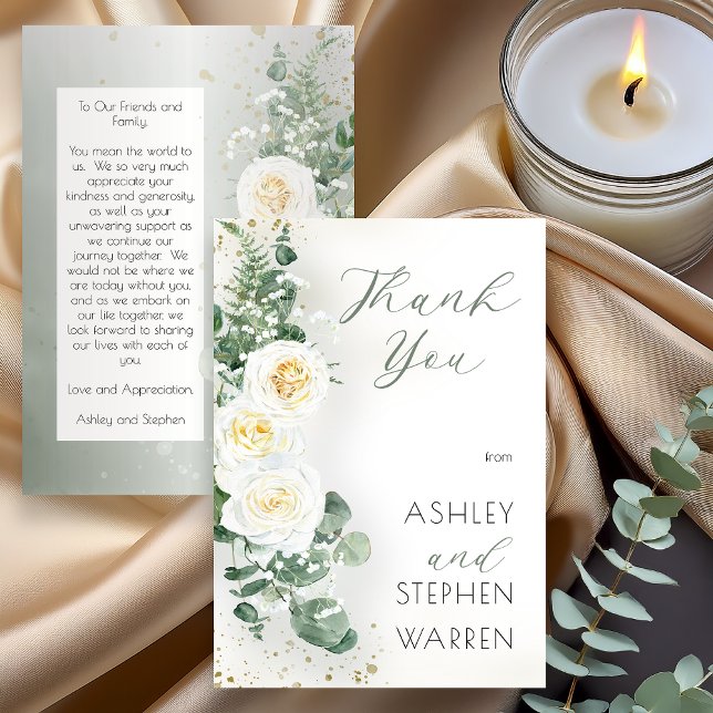 Romantisk salviagrön bröllop tackkort tack kort (Romantic sage green wedding thank you card with white rose bouquet and botanical greenery design)