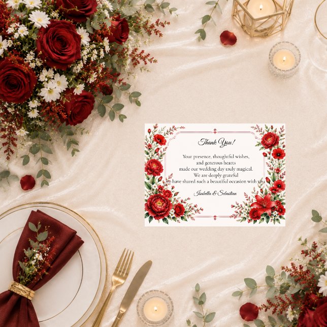 Romantisk scharlakansröd blomsterprakt vid bröllop tack kort (Skapare uppladdad)