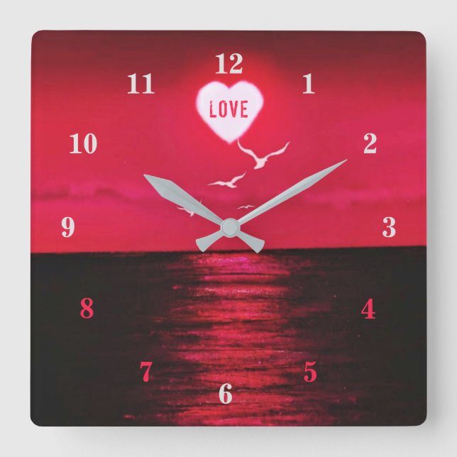 Romantisk Sea Sunset Clock Ueart Sol Text Kärlek Fyrkantig Klocka (Framsida)
