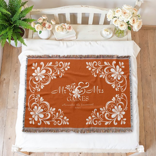 Romantisk Shabby Chic Bränd Orange Mr & Mrs Blommi Filt (Skapare uppladdad)