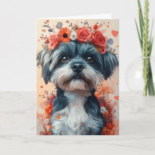 Romantisk Shih Tzu i hjärtformad krans Alla hjärta Kort
