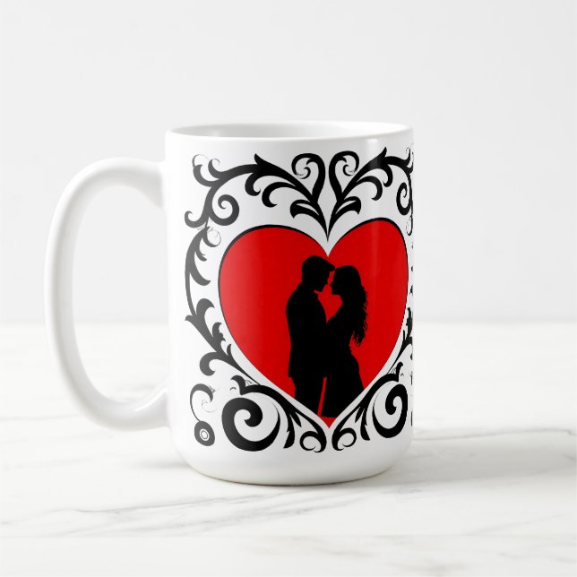 Romantisk Silhuett Av Par I Hjärtformad Ram Kaffemugg (Vänster)