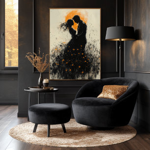 Romantisk silhuett med gyllene glans & vildblommor poster