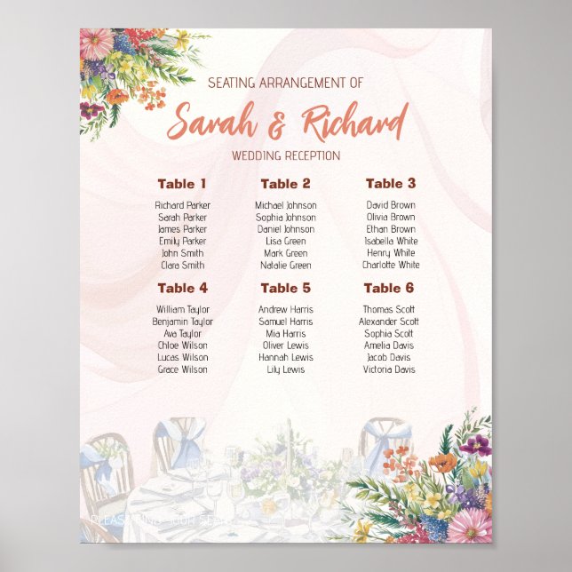Romantisk sittplatskarta för vildblommabryllop poster (Framsidan)