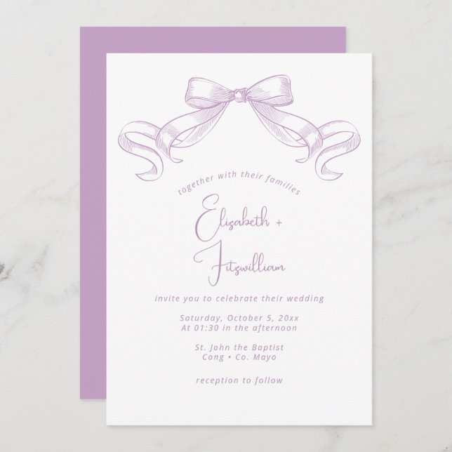 Romantisk sketched Bow | Lilac Front + Back Bröllo Inbjudningar (Fram/baksida)