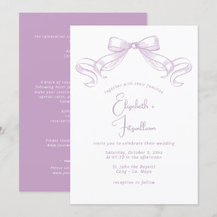 Romantisk sketched Bow   Lilac Front + Back Bröllo Inbjudningar