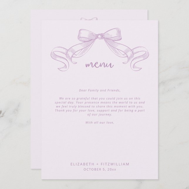 Romantisk sketched Bow | Lilac Tackkort Meny (Fram/baksida)