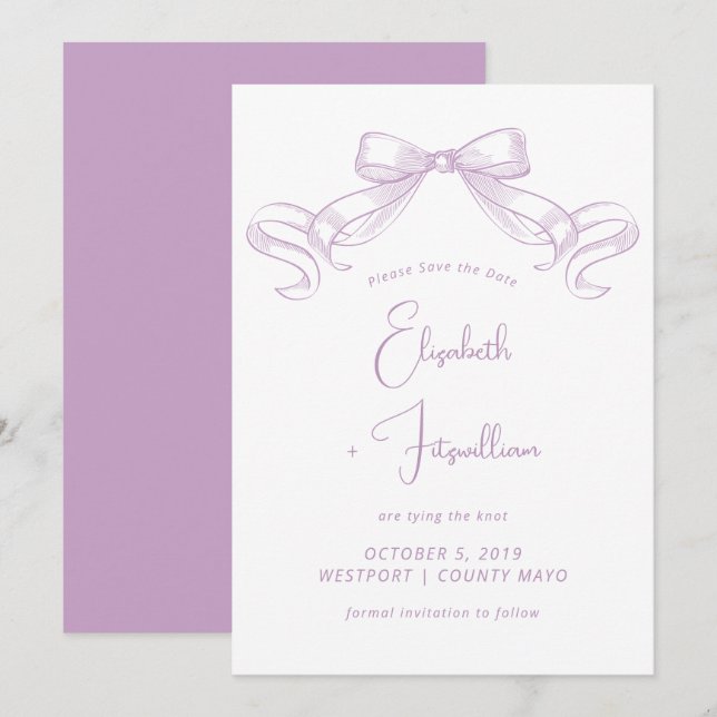 Romantisk sketched Bow | Lilac Tie the Knot Spara Datumet (Fram/baksida)