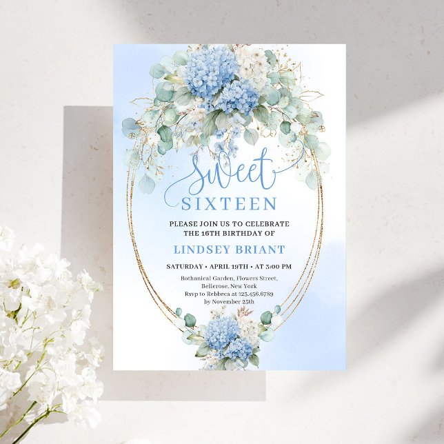 Romantisk skript Blå Blommig Eukalyptus Sweet 16  Inbjudningar (Romantic Script Blue Floral Eucalyptus Sweet 16 Invite)