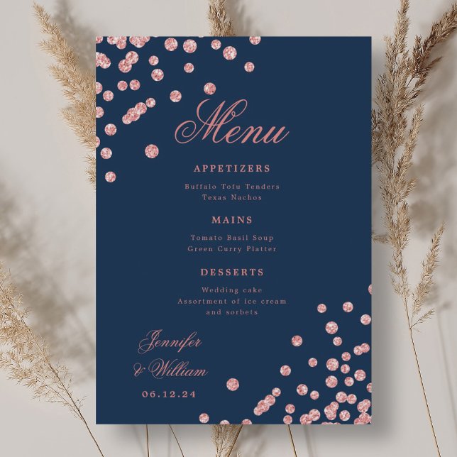 Romantisk skript Bröllop Confetti Ro Guld Meny (Romantic Script Wedding Confetti Rose Gold Navy Menu)